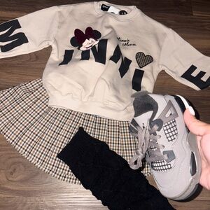 Zara Cream Minnie Mouse Graphic Sweater Set with Plaid Skirt